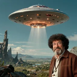ufo landing at the most interesting place in the universe, hyper realistic detailed by Bob Ross and H.R. Giger
