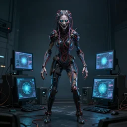 a terrifying but beautiful young woman with wires for hair, full body, glowing eyes, razor sharp teeth, computers, horror, studio lighting, 8 5 mm f 1. 8, cyberpunk, full body portrait, masterpiece, trending, highly detailed, realistic