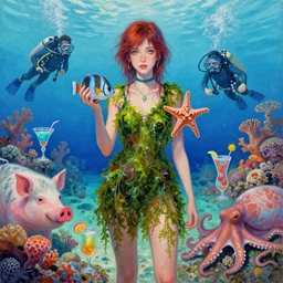 tall emo woman holding a tropical fish and a starfish in ishigaki okinawa, covered in seaweed, coral reef, summer, cocktails scuba, pigs, octopus, acrylic on canvas, surrealist, by magritte and monet