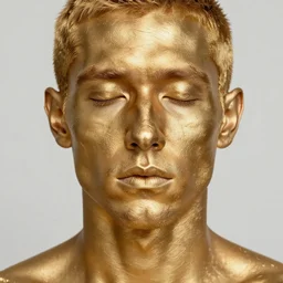realistic portrait of a man covered in gold with closed eyes, photo realistic, detailed, 1 4 5 0, delicate, hyper realism, ultra realistic, 8 k