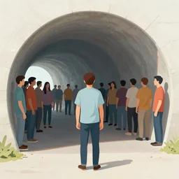 vivid illustration of a person choosing between tunnels with groups of people inside, within a highly intricate torus with detailed golden ornamentation and golden light, choosing between pathways