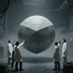 scientists examining a large floating perfectly spherical cube in a foggy bunker, twin peaks, matte painting