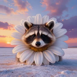 giant daisy flower head, anthropomorphic raccoon on salt flats, surreal photography, sunrise, dramatic light, impressionist painting, colorful clouds, digital painting, artstation, simon stalenhag