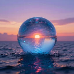 Photo of a shimmery glowing orb emerging from the ocean over a synthwave sunset, ultrarealistic