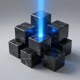 black marble cubes, blue beam of light. 3 d render, hd.