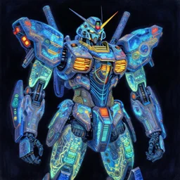 ortographic view of Bioluminescent flourescent portrait of mecha, very intricate , by Jen Bartel and Moebius and Dan Mumford and Satoshi Kon, gouache illustration, vivid colors