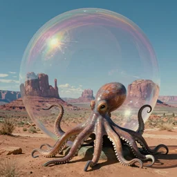 hyperrealist studio ghibli dull colors portrait from close encounters of the third kind 1 9 7 7 of two octopi statues swaying in a desert bubble monument valley