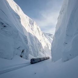 train driving past towering snow walls in a barren cold frozen landscape