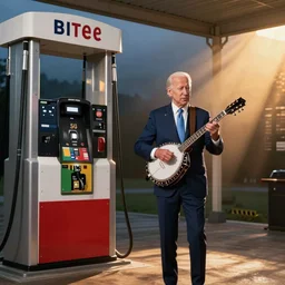 joe biden playing the banjo next to gas pump