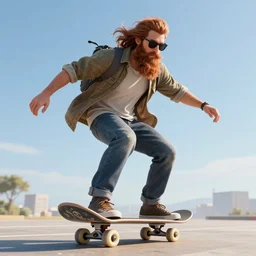 a man having long beard and wearing sunglasses traveling in magical world through skateboard, full body , magical effect, clean and clear face , sharp image, illustration, glowing effect, 8k , concept art trending on artstation, hyperdetailed, hyperreal , ultra reasltic