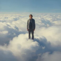 a painting of a person standing in the clouds, a detailed matte painting by christophe vacher, cgsociety, fantasy art, matte painting, matte drawing, concept art