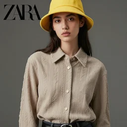 a zara shirt with a fancy texture, model using yellow hat