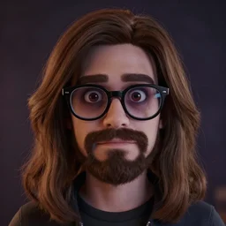 a photo of a guy from fnaf! theeth! and very long brownish! hair!, with nerdy! glasses! and goatee, horror art