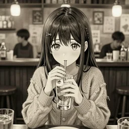 anime girl sitting and drinking in a cozy bar, 3, volumetric lighting, symmetrical face, detailed face, hyper real, pencil art, moody lighting, cute, comfy