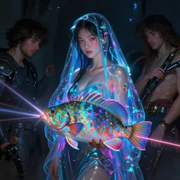 awe-inspiring award-winning concept art painting of attractive asian anglerfish in neon shrouds as the asian goddess of lasers, sparks, by Michael Whelan, William Adolphe Bouguereau, John Williams Waterhouse, and Donato Giancola, cyberpunk, extremely moody lighting, glowing light and shadow, atmospheric, shadowy, cinematic, 8K,