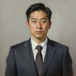 a beautiful, hyperrealism, oil painting portrait of a japanese salaryman with kanji tattoos and decals wearing a suit, in the style of james jebusa shannon, reisha perlmutter and finnian macmanus
