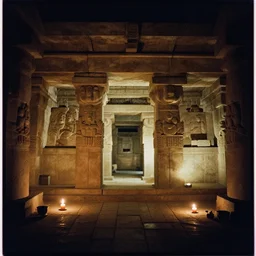 film photography film photography, inside an Aztec temple, at night, lit with candles, Leica M6, cinestill 800, Noctilux 50mm