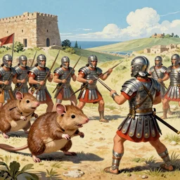 pulp art illustration of an army of possums fighting Roman legionaries in medieval Cyprus