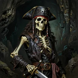 photo of a skeletal pirate ghost head and torso, holding a sword and standing in a grotto, photorealistic, dark, atmospheric lighting, painted, intricate, ultra detailed, well composed, best on artstation, cgsociety, epic, stunning, gorgeous, intricate detail, wow, masterpiece