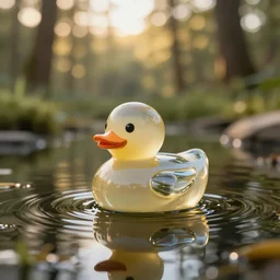 A rubber duck made out of glass floating on a pond in a forest at golden hour, photorealistic, photography award