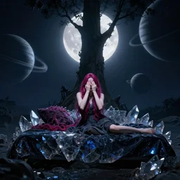 A beautiful woman with magenta hair covering her face basking in the moonlight on an obsidian crystal bed below planets, tall tree, cinematic lighting, dramatic atmosphere, by Dustin Nguyen, Akihiko Yoshida, Greg Tocchini, Greg Rutkowski, Cliff Chiang, 4k resolution, trending on artstation