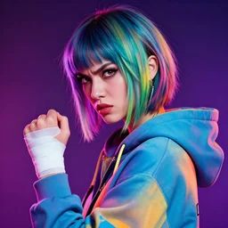 a 1 9 tomboy gorgeous cyberpunk goddess in hoodie with bandage on her hand, side portrait, vi, angry, striking, defiant, spotlight, vibrant colors, beautiful eyes, by marco paludet and gianni strino and marion bolognesi