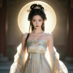 beautiful fashion girl in ancient china, strapless dress, character portrait in the style of thomas river and artgerm, wlop, cinematic lighting, hyperdetailed, 8 k realistic, symmetrical, global illumination, radiant light, halo, love and mercy, frostbite 3 engine, cryengine, dof, trending on artstation, digital art, chanel