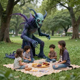 an eldritch abomination having a fun picnic in the park with its family