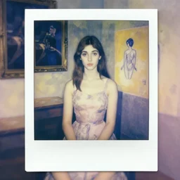a girl in a room, old polaroid by goya, by el greco, my munch, elegant drawing, digital painting, jugendstil, strong lights, flat colors, pastel colors,