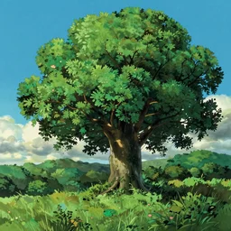 a landscape of a single tree with bushes nearby, studio ghibli, castle in the sky, animated, anime, illustrated, vibrant, by mucha, by miyazaki, on artstation