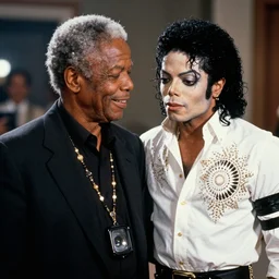 a 1980s film still of Morgan Freeman dressed as Michael Jackson, 40mm lens, shallow depth of field, split lighting