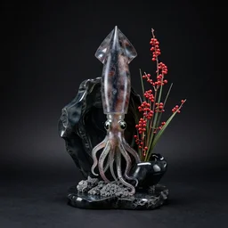 sculpture of a squid and berries, ikebana flower arrangement, photorealistic, centred, black background, obsidian and glass and pumice, zen, trending on artstation