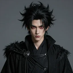 handsome demon boy, young adult mazoku japanese man with wild spiky upturned black hair, vantablack cloak, red eyes, ultra realistic, concept art, intricate details, eerie, highly detailed, photorealistic, octane render, 8 k, unreal engine. art by artgerm and greg rutkowski and charlie bowater and magali villeneuve and alphonse mucha