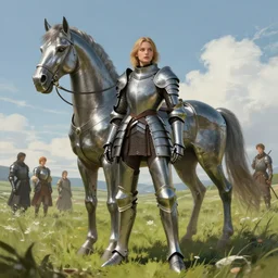 full body girl medieval armor ccyborg and one metal horse landscape of meadow poses by gaston bussiere, anna nikonova aka newmilky, greg rutkowski, yoji shinkawa, yoshitaka amano, moebius, donato giancola, geoffroy thoorens, concept art, trending on artstation, featured on pixiv, cinematic composition, 8 k