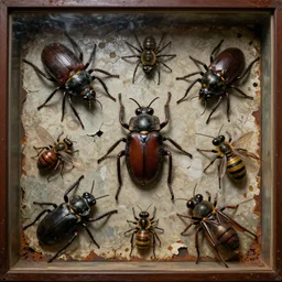 strange giant insects, beetles, spiders, wasps, bees, maggots, locusts and flies, in a museum display case, oil painting by max ernst and anselm kiefer, decay, mixed media, textured, sharp focus, highly detailed, photographic emulsion cracked and peeling, rust, cinematic lighting, 8 k, hd