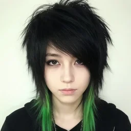 a pale emo girl with short messy black hair, a green streak, soft facial features, sideswept bangs, 2 0 0 8, myspace photo