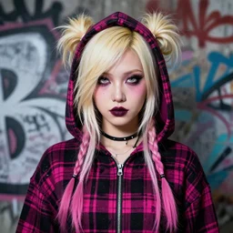 highly detailed portrait of a sewer punk lady, tartan hoody, blonde ringlet hair by atey ghailan, by greg rutkowski, by greg tocchini, by james gilleard, by joe fenton, by kaethe butcher, gradient magenta, black, blonde cream and white color scheme, grunge aesthetic!!! ( ( graffiti tag wall background ) )