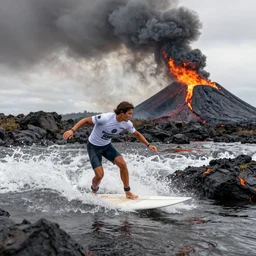 person wearing a sponsored team jersey with logos surfing down a river of lava on the side of a volcano on surfboard, action shot, dystopian, thick black smoke and fire, sharp focus