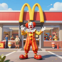 eccentric clown stranded in front of mcdonald store, extremely detailed, sharp focus, wide view, full body shot, smooth, digital illustration, by james jean, by rossdraws, frank franzzeta, mcbess, sakimichan, brosmind, steve simpson