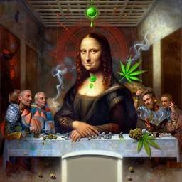 hyper realistic portrait painting of da vinci's the last supper, smoking marijuana ( intricate detail, hot neon green ornaments, marijuana leaves ) wet, marijuana buds, by saturno butto, boris vallejo, austin osman spare and david kassan, by bussiere. occult art, occult diagram, red and green color scheme.