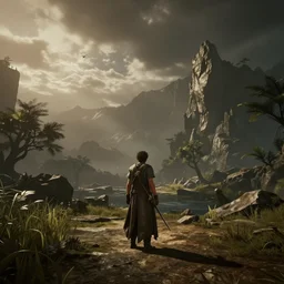 Yung Lean in a cutscene from Morrowind, wide shot, low angle, screenshot