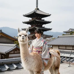 elegant llama wearing a kimono, on a rooftop of a japanese pagoda