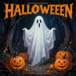 a halloween scene with a ghost and pumpkins, an album cover by enguerrand quarton, behance contest winner, massurrealism, concert poster, macabre, poster art