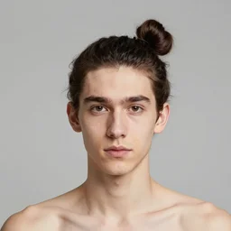 a skinny young white male with a dark brown man bun for hair no facial hair. H 704