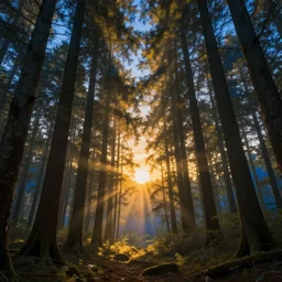 the sun rose over the horizon and bathed the forest with a warm golden glow. the trees of the forest seemed to stretch toward the sky, reaching for the light of day. & d concept art, d & d wallpaper, warm, walls painted blue, blue walls, digital art. art by james gurney and larry elmore.