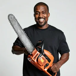 kanye west holding a chainsaw with a big smile
