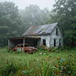 abandoned decrepit home and shed in the middle of a grassy clearing in the forest, slowly being reclaimed by nature. rusted vintage car under a leaky car port. fog, dew, rain, volumetric lighting, beautiful, summer morning dew, sharp focus, ultra detailed, cgsociety - w 1 0 2 4 - n 8 - i