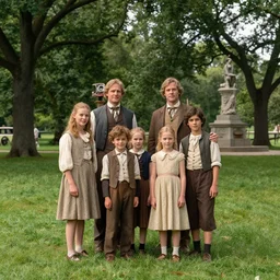 sharp, highly detailed, 36864k film, 175000mm film still from a sci fi blockbuster color movie made in 2019, set in 1860, of a family standing in a park, next to some strange alien plants and flowers, on an alien planet, the family are all wearing 1860s era clothes, good lighting, Canon EF 35mm f/1.4L II USM lens