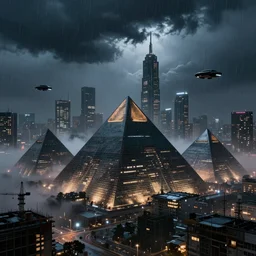 futuristic pyramids, cyber city, dark ambient, storm, rain, hyper realistic, skylines, skyscrapers, flying cars, night, buildings, city lights, constructions, mist