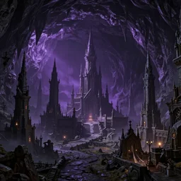 wide photo of landscape near underdark city, underground huge cave background, purple an dark colors by alex aparin, rob alexander, daren bader, john - paul balmet, digital photo, sharp focus, 8 k, intricate, high detail, trending artstation